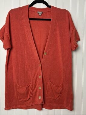 J Jill Orange Linen Blend Cardigan Size L Lightweight Button Front Pockets